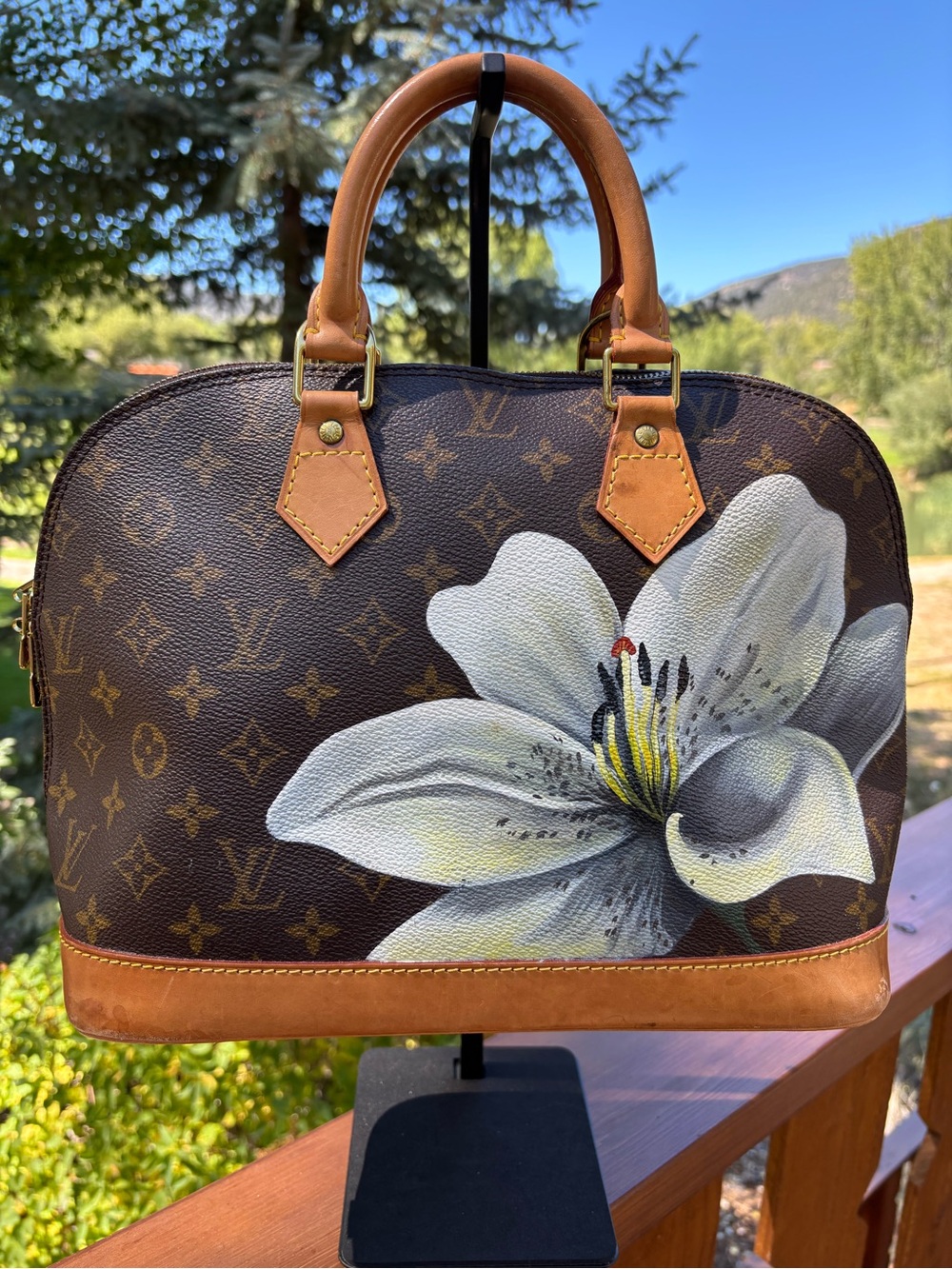 Beautiful handpainted, vintage Louis Vuitton Brown Monogram Alma Satchel